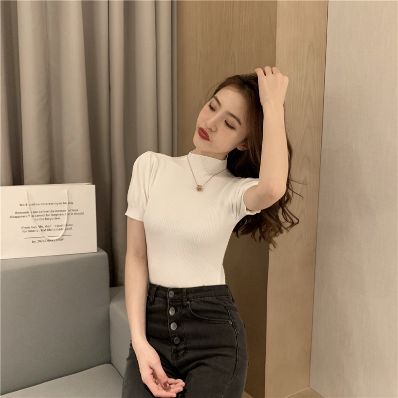 Real price spring new style foam sleeve Vintage knitted short sleeve top