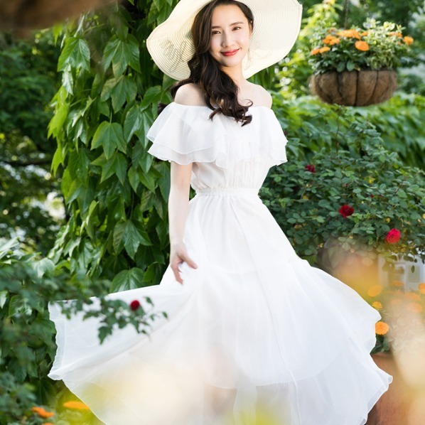 Beach skirt Chiffon fairy long dress off shoulder white dress