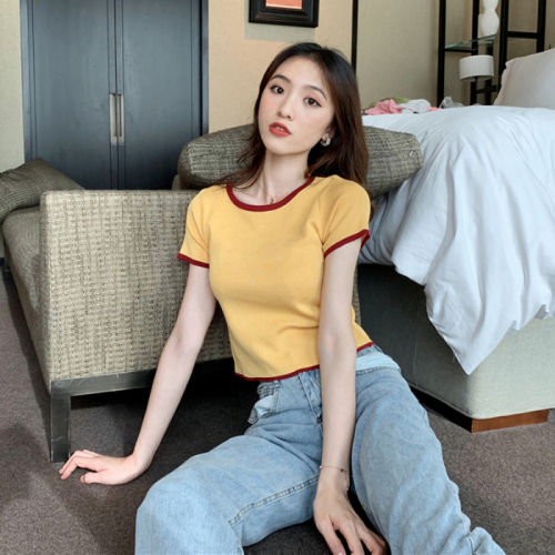6535 cotton 2021 summer clothing Korean new slim slim, open navel short color matching round neck short sleeve t-shirt female student sexy