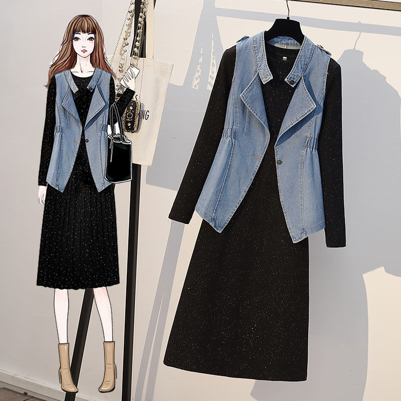 Large size women's wear 2021 spring and autumn slightly fat mm denim vest show thin foreign style dress fashion suit two piece set