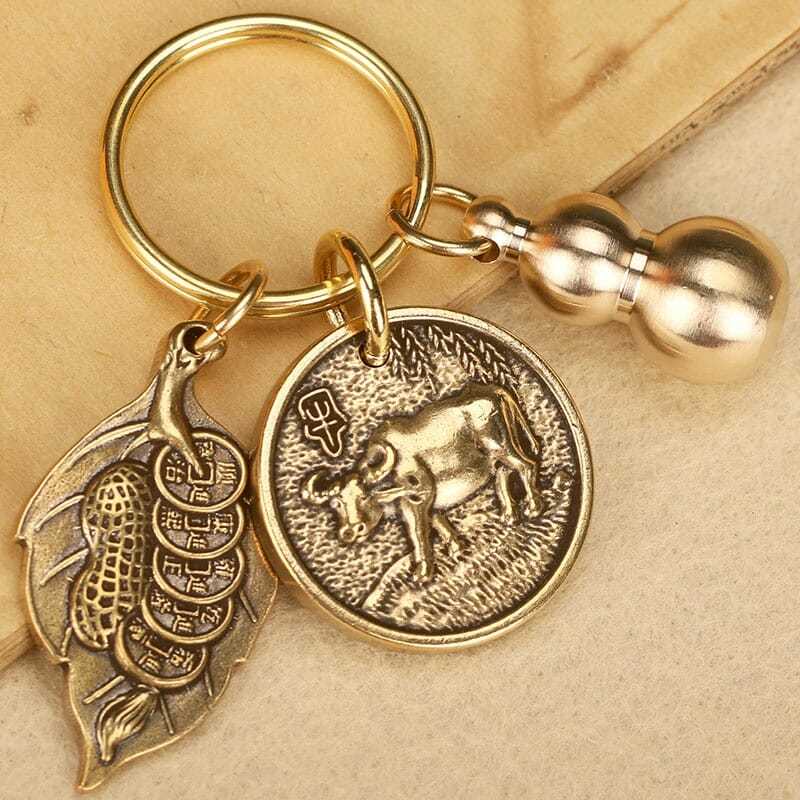 Brass key chain pure copper handmade overnight fortune gourd car key chain fortune transfer Pendant Zodiac Pendant