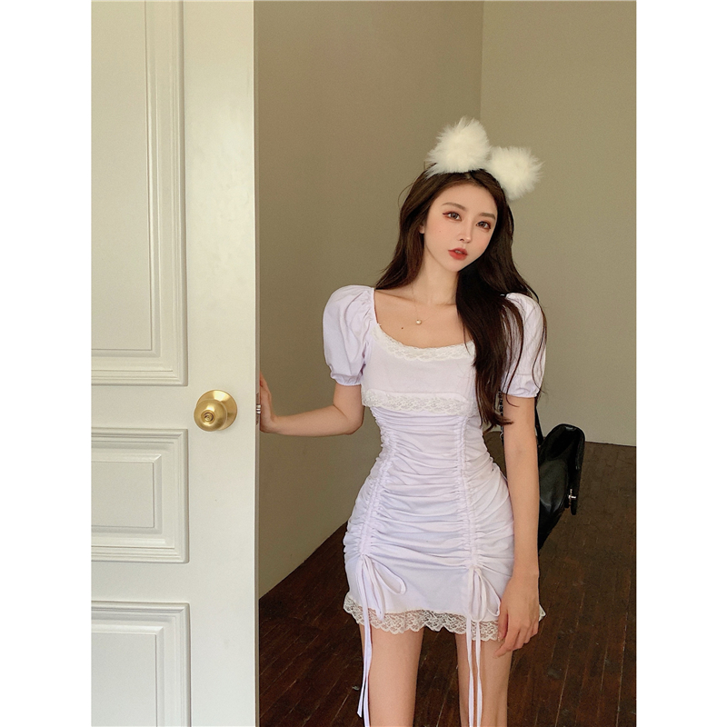 Real price ~ lace drawstring strap bubble short sleeve dress women's collar pleated solid short skirt