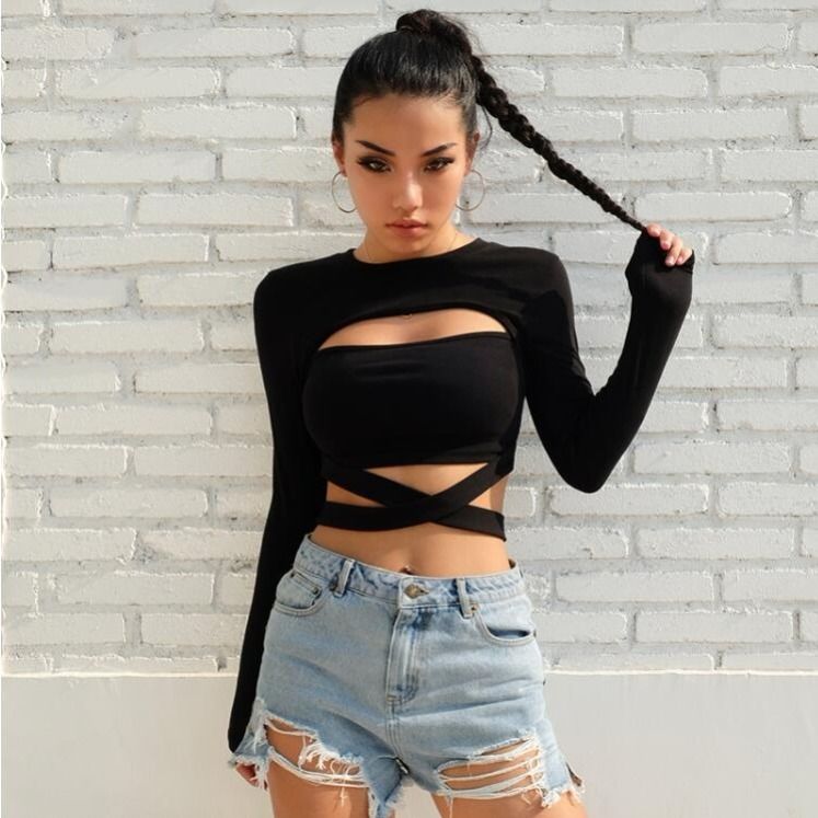 Europe and the United States super fire cut-out bandage tight short T-shirt women's black versatile autumn long sleeve base coat