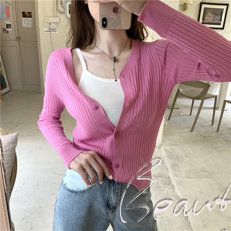Real photo real price Korean versatile basic V-neck slim summer sun proof sweater coat