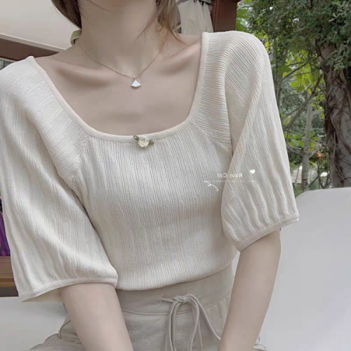 Short sleeve new t-shirt female leaky collarbone purple square neck short top female ice silk sweater fashion