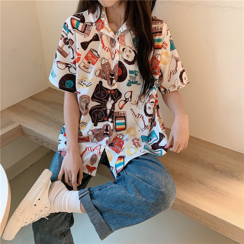 Cool style women's clothing street retro shirt women's short sleeve Harajuku neutral ins fashionable girl's shirt