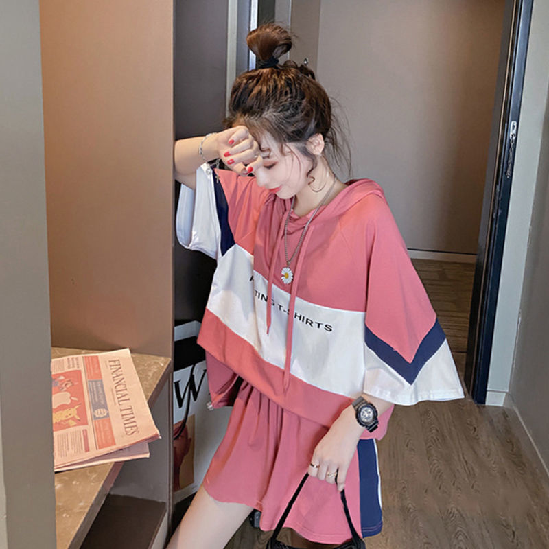 Casual sportswear hooded splicing short sleeve T-shirt suit women's summer Korean fashion shorts student two piece set fashion