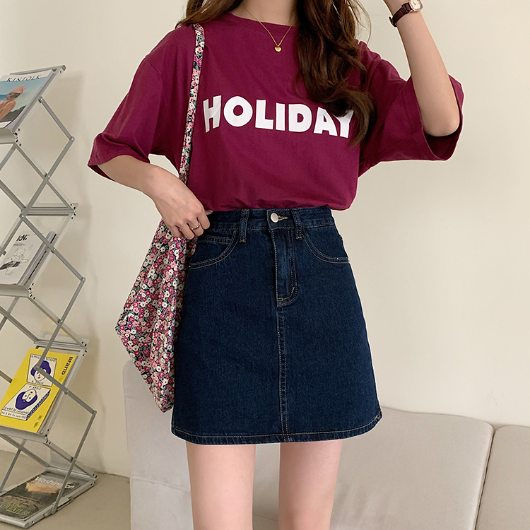 Korean fashion dark high waisted A-line skirt, small and thin, versatile denim skirt