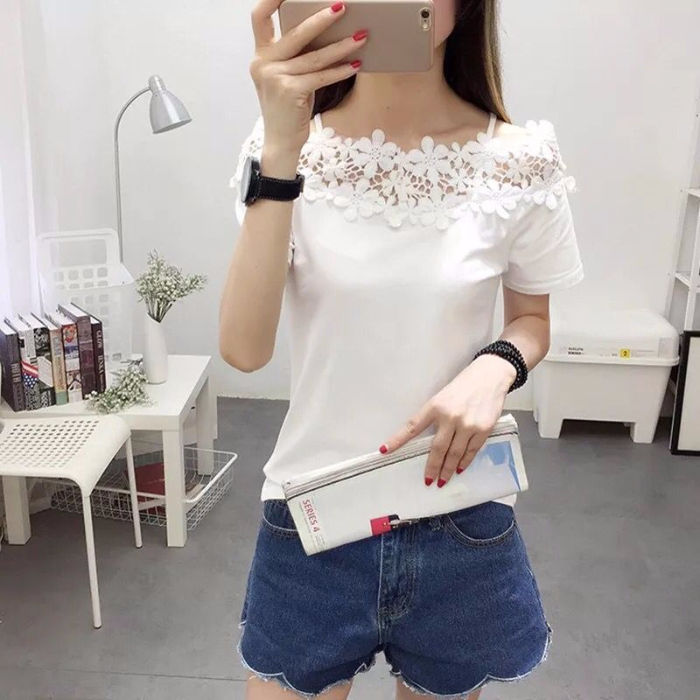 2021 summer new Crochet cut out lace stitching off shoulder one line neck cotton short sleeve T-shirt women's versatile top