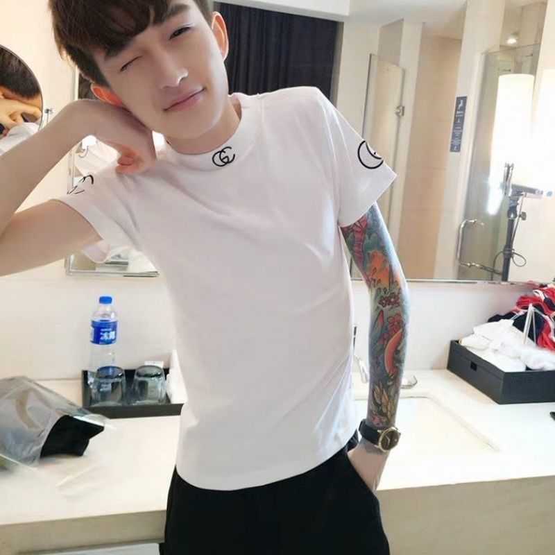 Social spirit boy red net short sleeved T-shirt handsome handsome quick hand red half Kwai collar tight T-shirt