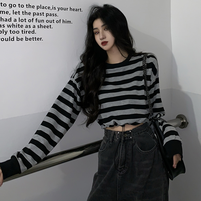 Real shot quality inspection yuansufeng short drawstring stripe loose age reducing versatile long sleeve T-shirt and sweater top