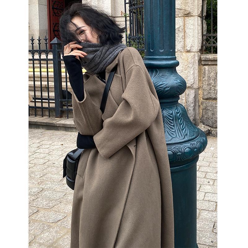 Woolen coat, tweed coat, temperament windbreaker, long style, knee length, new Hepburn style, extra long and thin in winter