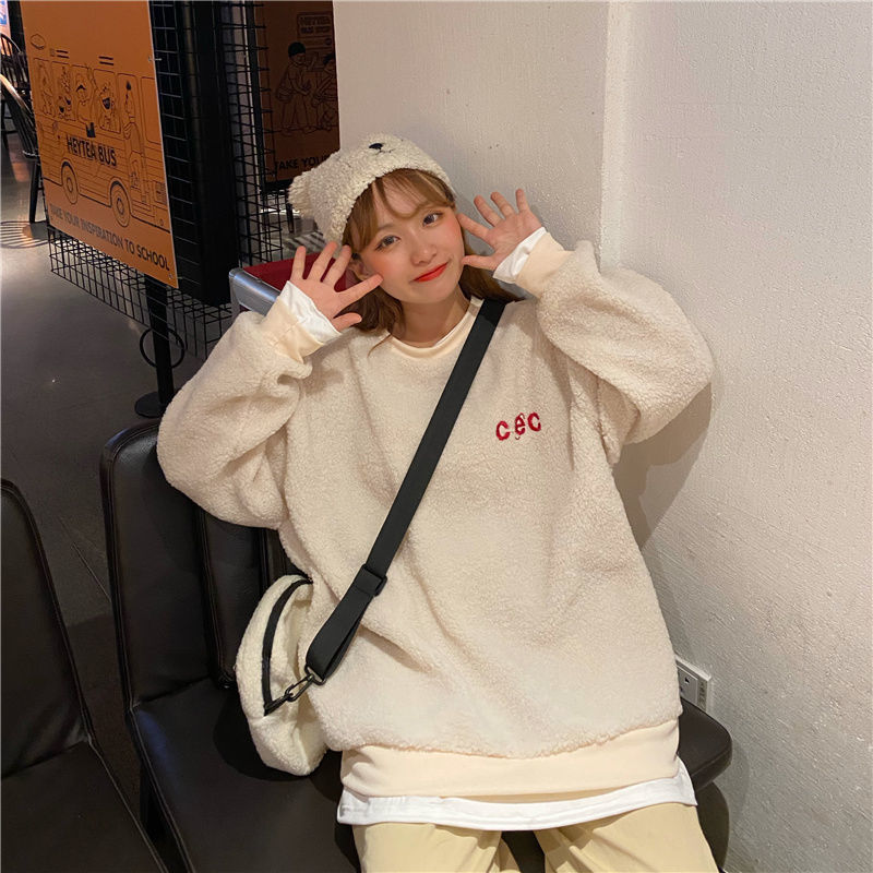 Fake two pieces of lamb wool sweater women's fashion in autumn and winter add cashmere thick Korean student loose 2020 new coat