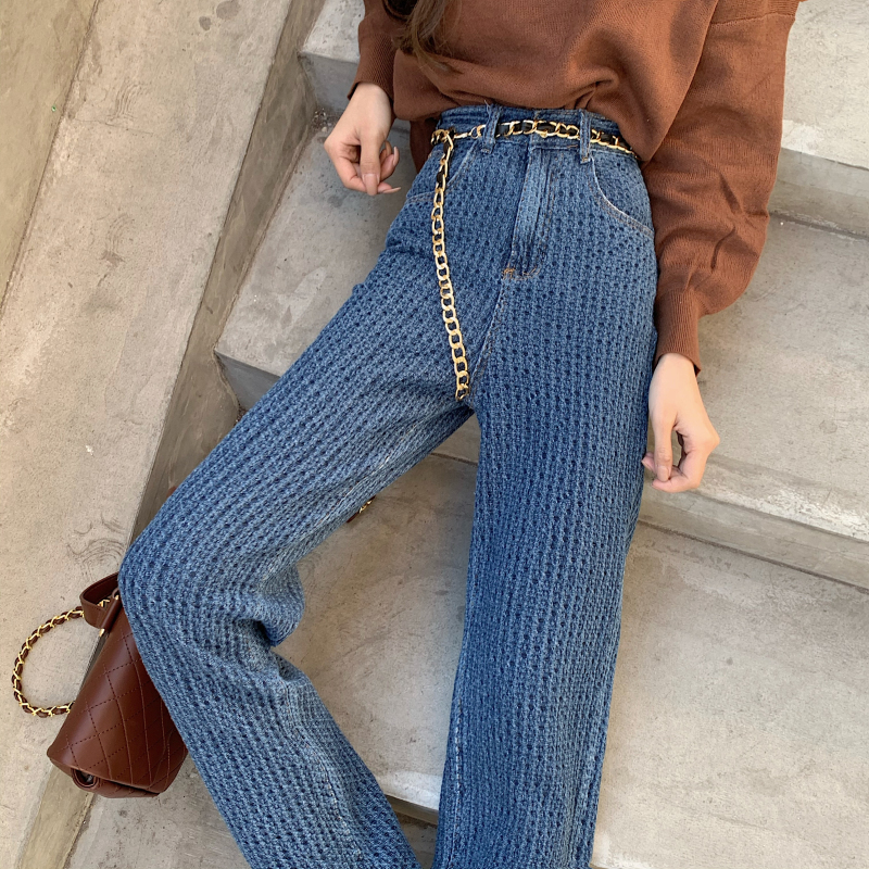 Real price Xiaoxiang knitting denim straight tube casual women's loose High Waist Wide Leg floor dragging pants
