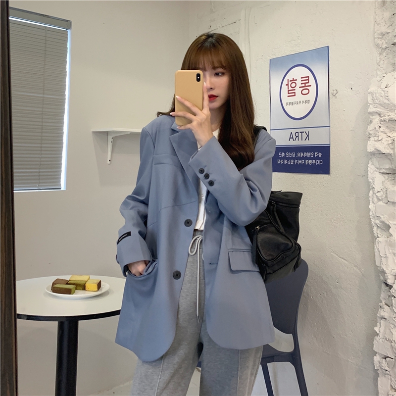 Real price early spring design medium length suit jacket baby blue long sleeve suit thin