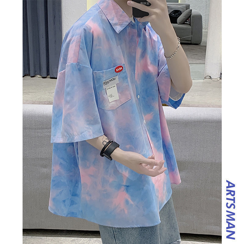 Tie dyed shirt men's short sleeve trendy loose 5-point ruffian shirt summer Korean fashion brand versatile inch shirt