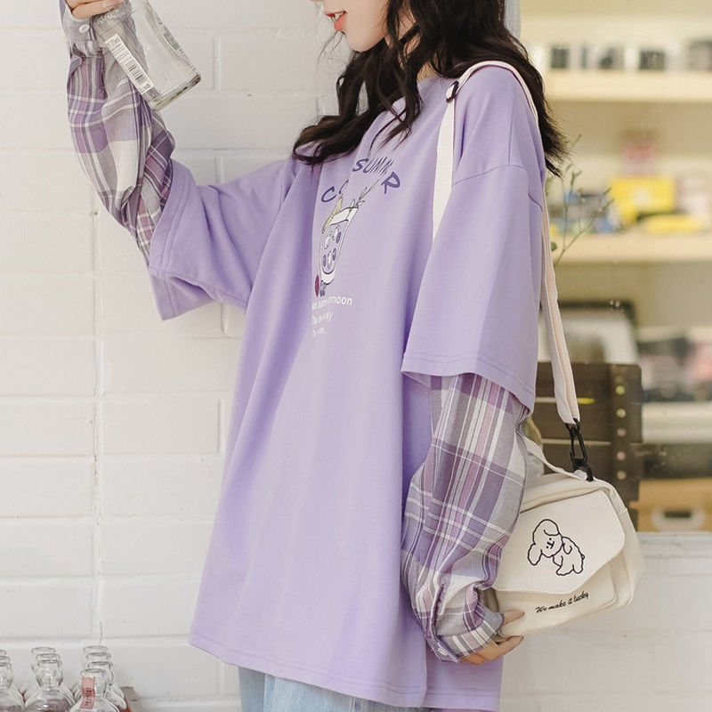 Long sleeve fake two-piece T-shirt women's autumn new Korean loose college BF style versatile student top fashion