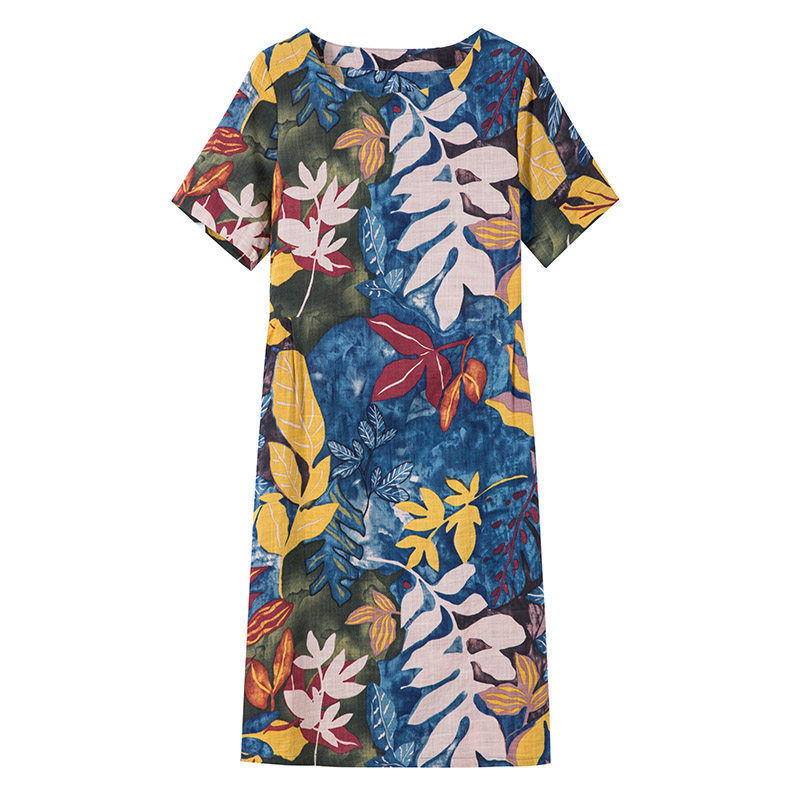 Fat mm summer new large women's printed short sleeve dress loose and thin Ethnic Mother skirt children