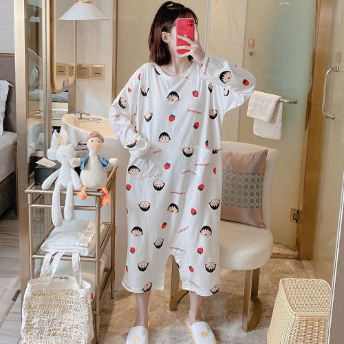 Cotton nightdress women's spring autumn pajamas thin long sleeve one-piece light proof trouser skirt cartoon cute large size home clothes