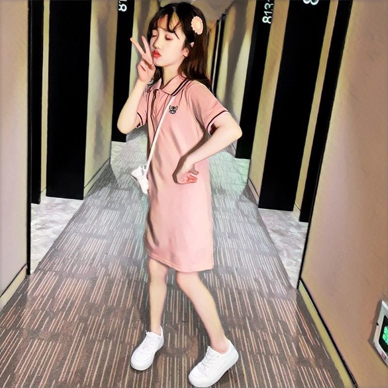 New girl's short sleeve T-shirt mid long top little girl's foreign style skirt