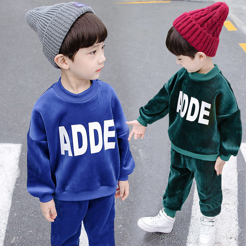 Boys and girls Plush 1 set 4-year-old new children's winter wear girls thickened children's two-piece set for autumn and winter