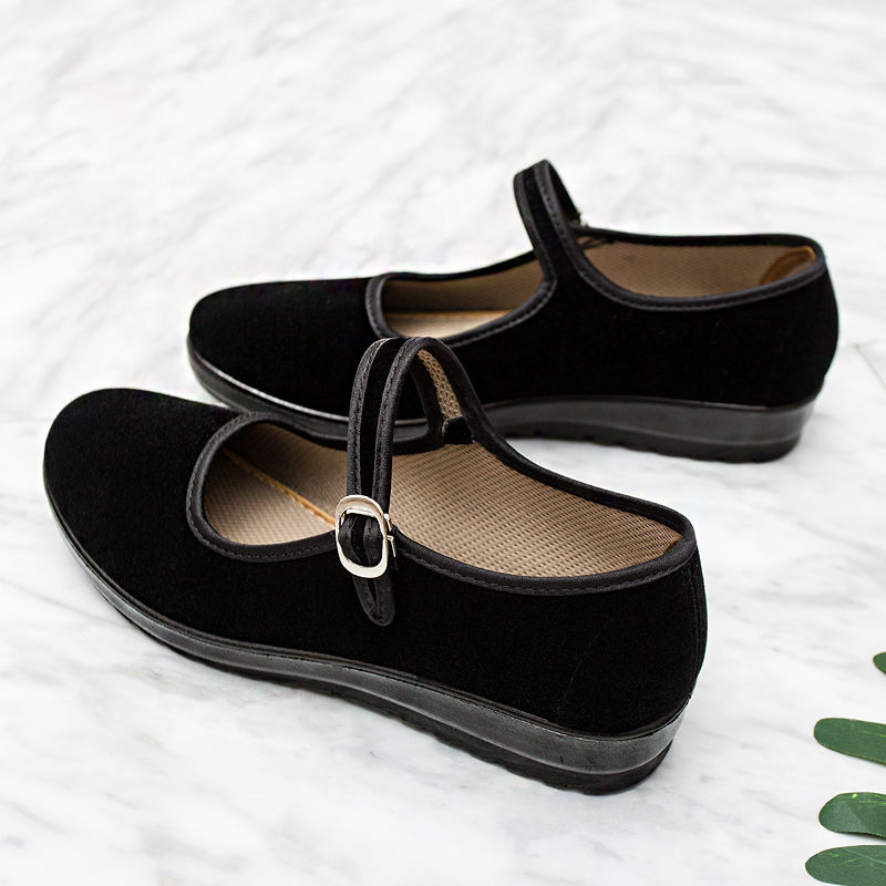 Old Beijing cloth shoes women's Non Slip soft sole black flat bottom slope heel high heel work shoes light mouth light mother shoes