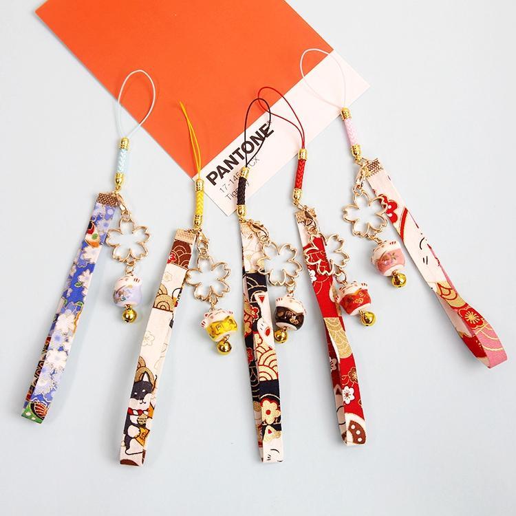 Zhaocai cat bell Cherry Blossom light gold mobile phone chain mobile phone pendant good luck pendant U disk pendant pendant rope girl