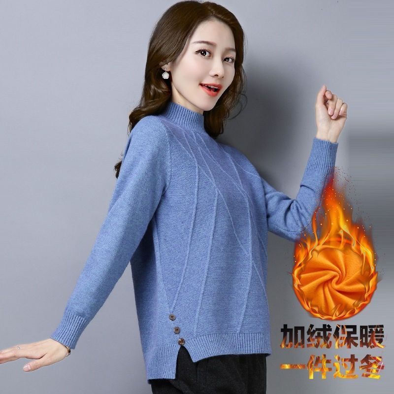 Plush / no plush short half high collar thickened sweater for women autumn / winter new loose Korean knitted bottomed long sleeve