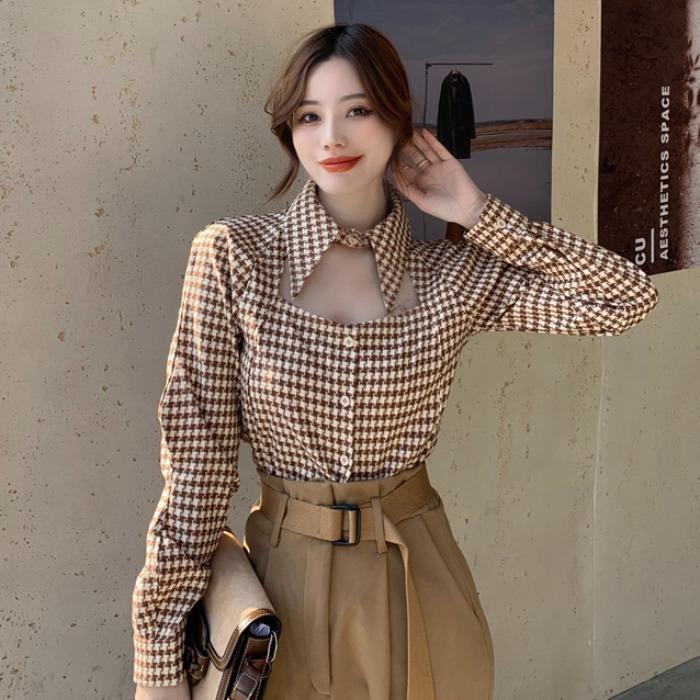 Design sense of shirtwalk 2021 new Hong Kong style fashion hollow out thousand bird Plaid long sleeve top