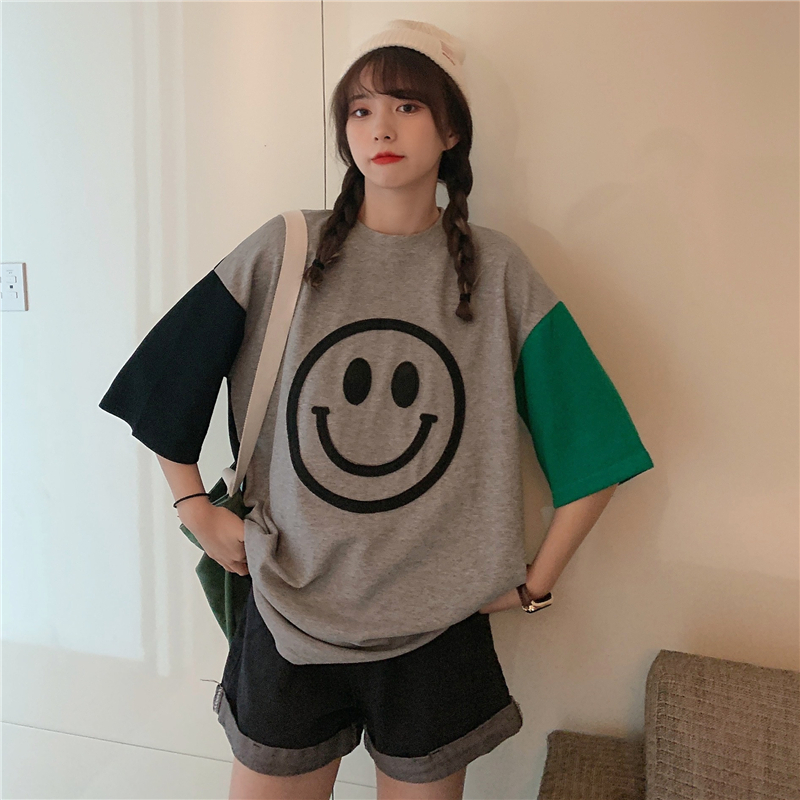 Summer embroidered smile face short sleeve T-shirt women's versatile base shirt large loose top fashion