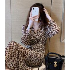 Small floral skirt women's autumn dress waist slim Floral Chiffon Dress French Platycodon skirt