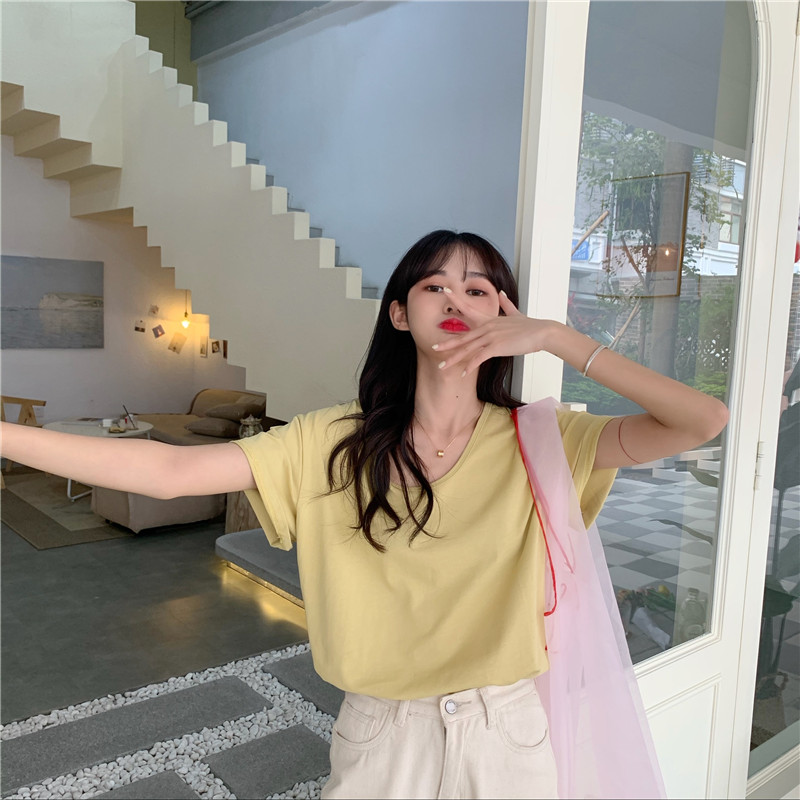 Real price! Multi color basic small U-neck solid basic smooth and comfortable bottoming short sleeve T-shirt for women