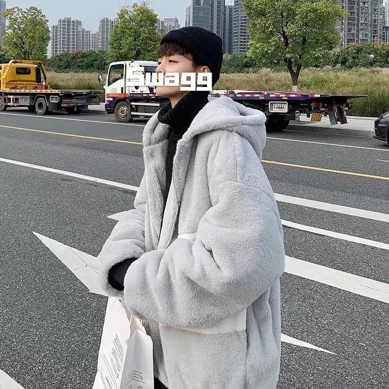 Winter cashmere Hooded Coat men's Korean loose fit student couple's zipper cardigan coat men's