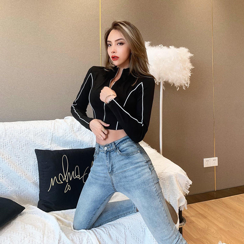 Color contrast reflective stitching top women's European and American isn new design sense zipper long sleeve T-shirt fashion