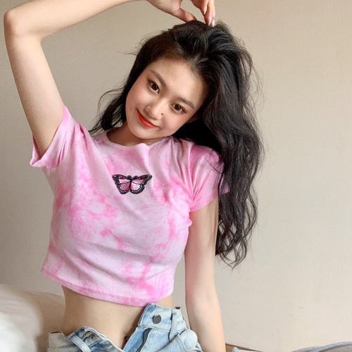 Real shot real price girl pink tie dye short sleeve female ins fashion Butterfly Embroidery open navel t-shirt female Xia