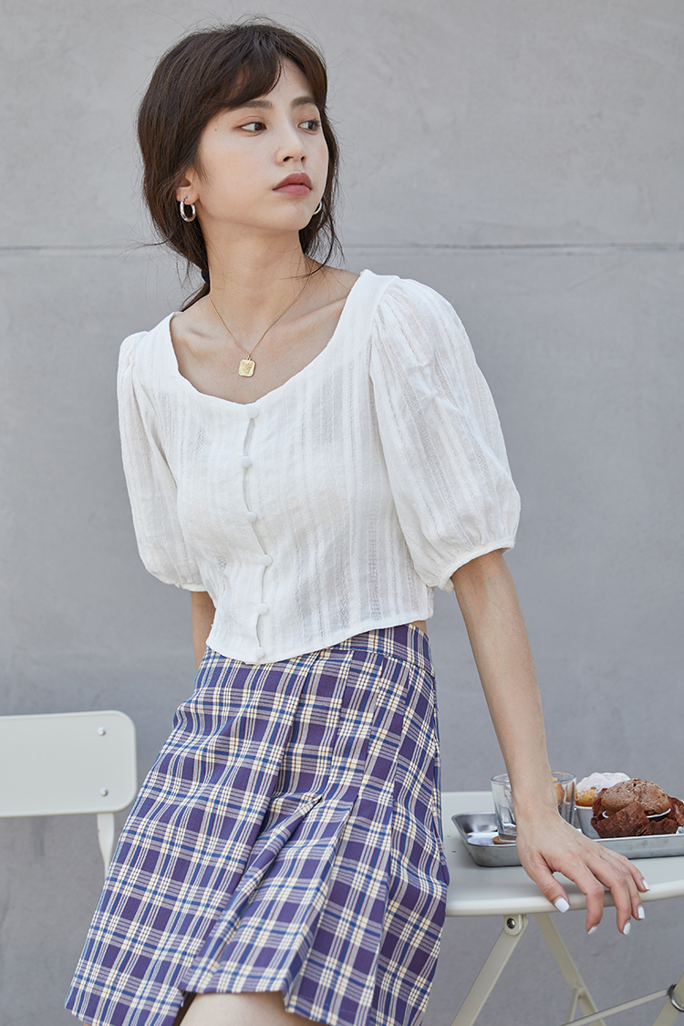 Real picture real price square collar collar collar high waist short top with closed waist design feeling bubble sleeve shirt