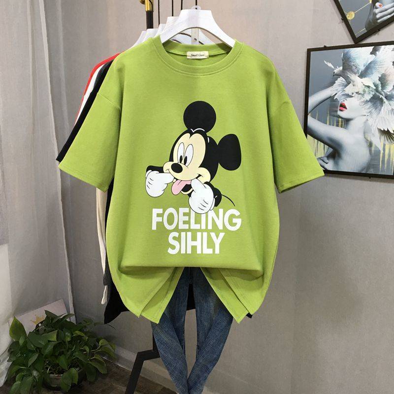 Cotton new short sleeve t-shirt female cartoon Mickey printing Korean loose and versatile women's dress with split hem
