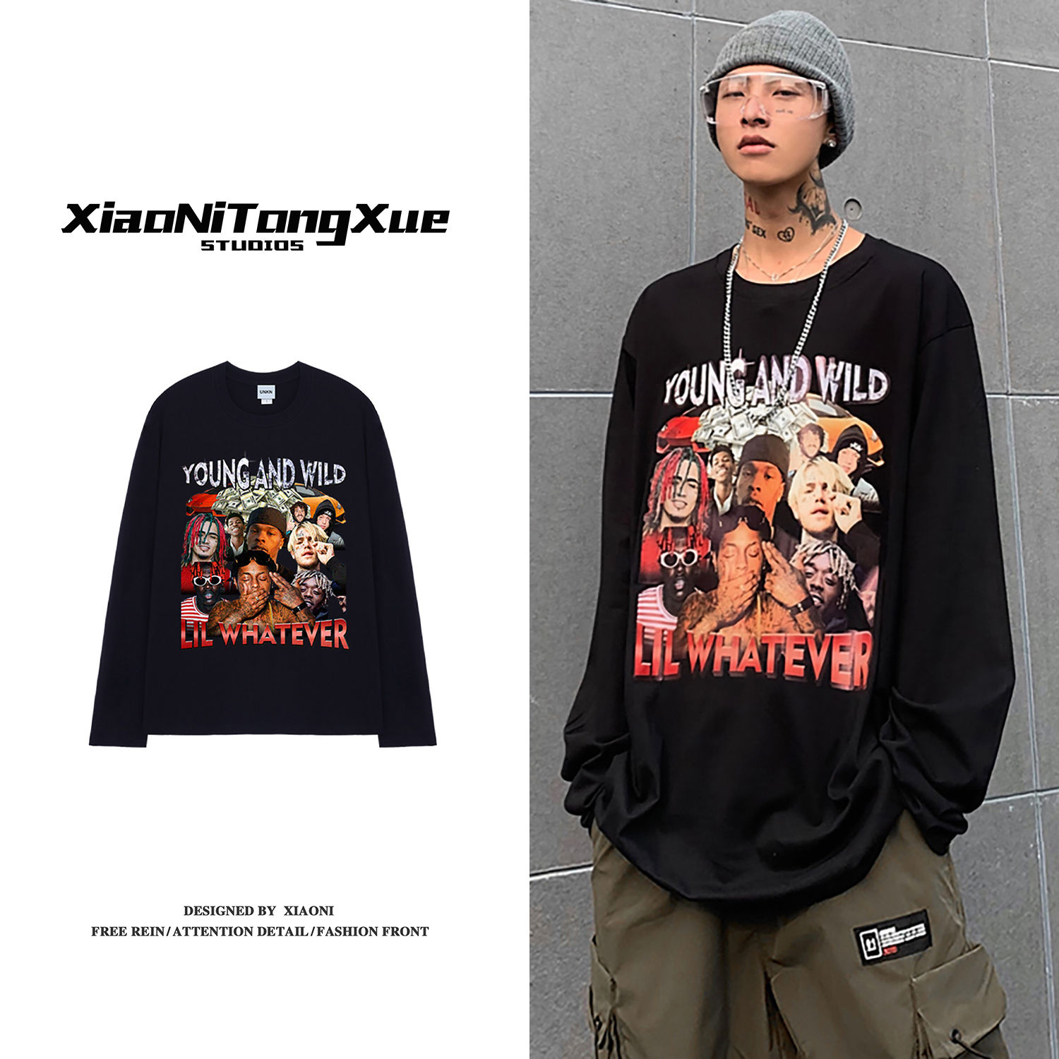 Cotton t-shirt men's and women's American rap print hip hop couple's T-shirt loose BF style long sleeve Street