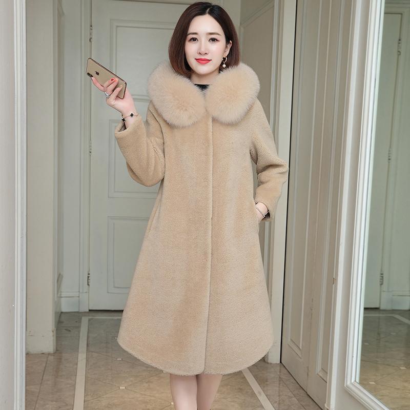 Warm wool like sheep cut coat women's middle long winter grain wool like fox fur hooded fur coat women