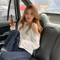 Real price spring and summer hanchic simple care machine off shoulder lace T-shirt