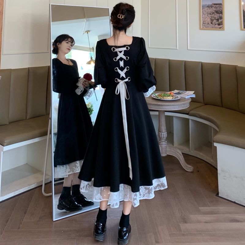 Large women's 2021 new autumn and winter fat mm retro court French Hepburn dress with lace skirt