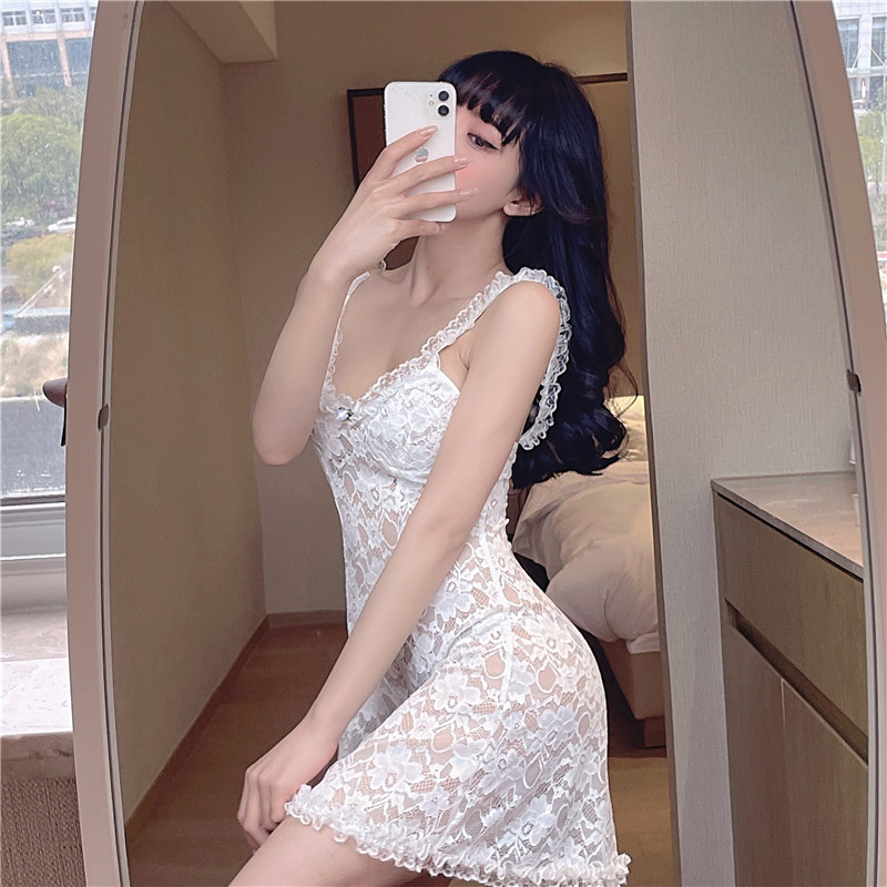 Real price 2021 new French temptation lace perspective home suspender dress lace low cut nightdress