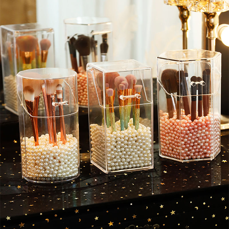 Make up brush container brush barrel pearl dust belt cover net red ins transparent eyebrow pen desktop cosmetics storage