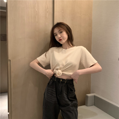 Real shot real price Korean suede knock beautiful color system round neck with foreign style self-contained bottom half sleeve shirt