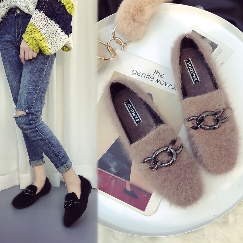 2021 plush shoes for women in autumn and winter with square head and flat sole