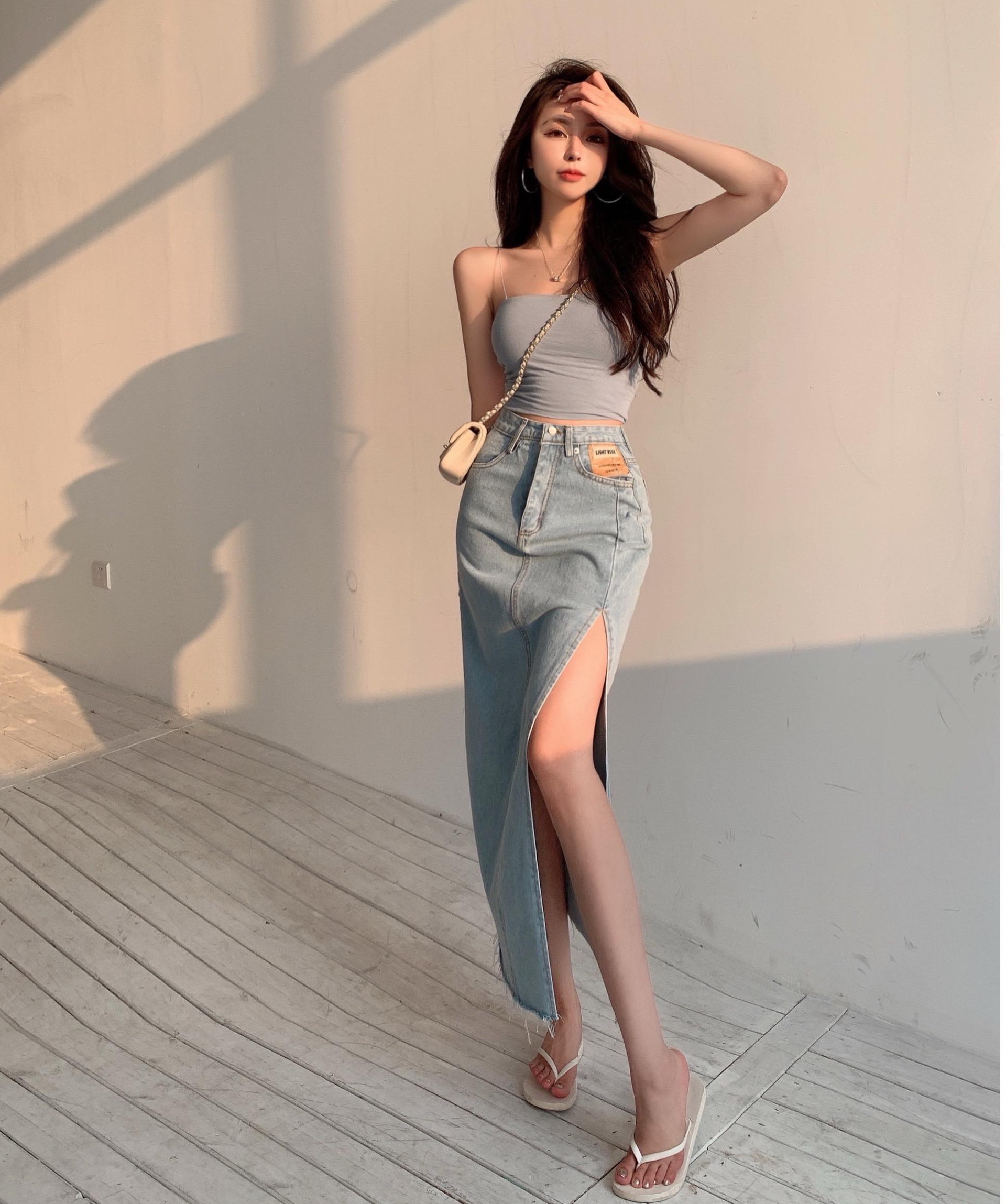 Real price side split denim skirt women's high waist A-line medium length skirt with baggy hips