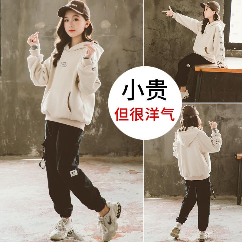 Autumn and winter children's suit women's Plush Hooded Sweater + overalls two piece set