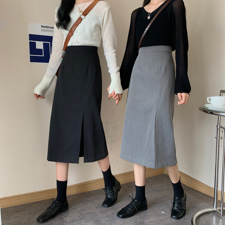 Real price ~ side slit grey skirt women 2020 new summer mid length high waist A-line skirt children