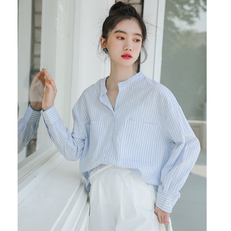 Small number of cool stripe loose long sleeve shirt women Hong Kong style top student shirt trend