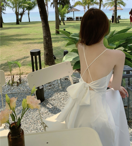 Real photo sexy V-neck open back dress women's bow suspender skirt seaside holiday white beach skirt summer